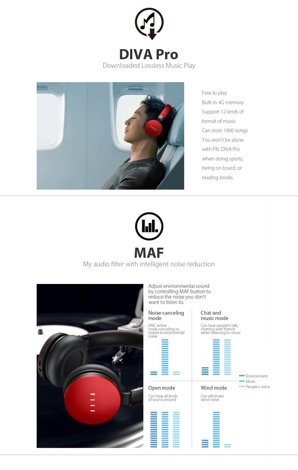 FIIL DIVA Pro Wireless Headphones Bluetooth 4.1 HiFi Music Active Noise Cancelling - Red