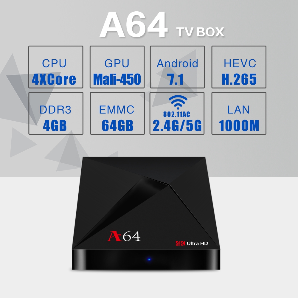 A64 KODI 18.0 Android 7.1.2 4GB/64GB RK3328 4K HDR TV Box 802.11AC WIFI Bluetooth 1000M LAN VP9 USB3.0 - Black