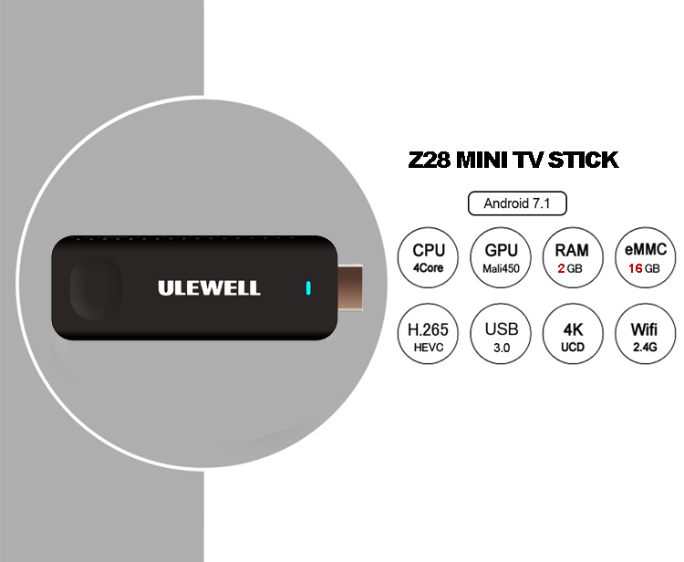 ULEWELL Z28 MINI Android 7.1 RK3328 2GB/16GB 4K TV Stick WIFI Bluetooth USB3.0 H.265 HDR Support DLNA Miracast DRM