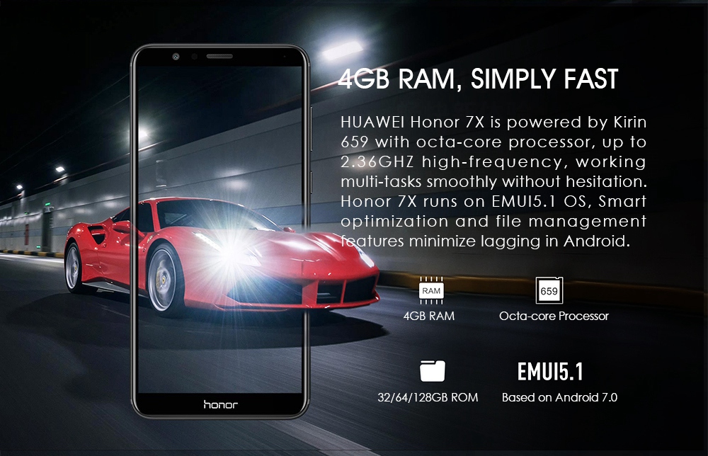 HUAWEI Honor 7X 5.93 Inch Smartphone 18:9 Full Screen 4GB 32GB Kirin 659 Octa Core Dual Rear Cam Android 7.0 Touch ID 3340mAh Battery Metal Body - Black
