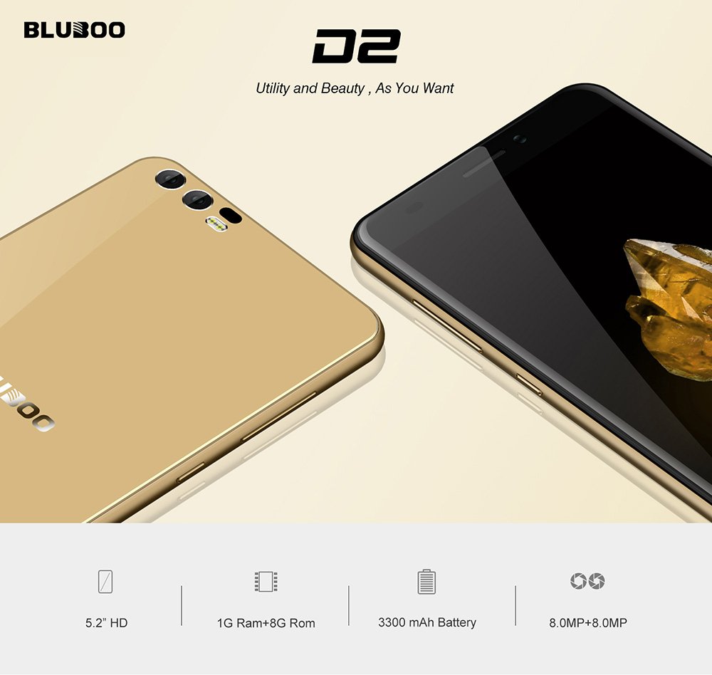 [HK Stock]Bluboo D2 5.2 Inch Smartphone HD Screen Dual Rear Camera 8GB MT6580A Quad Core Android 6.0 3300mAh OTA - Black