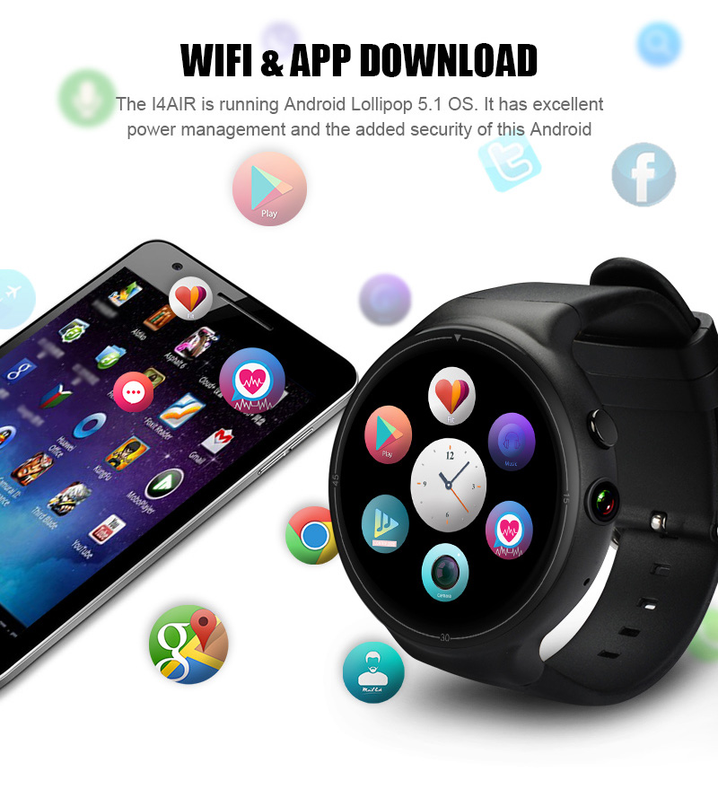 Makibes I4 Air 3G MTK6580 Smartwatch Phone Quad Core 1.3GHz 2GB RAM 16GB ROM 2.0MP Camera Heart Rate Monitor - Black