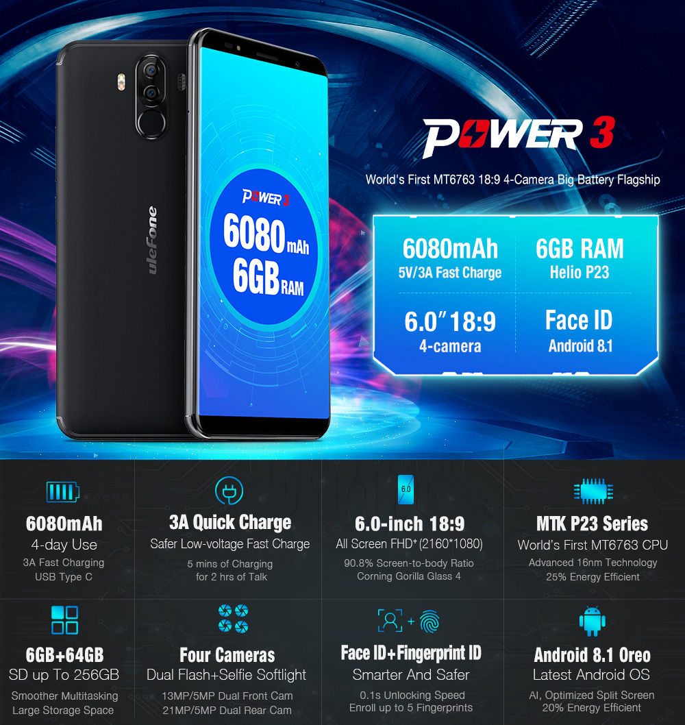 [HK Stock]Ulefone Power 3 6.0 Inch 4G LTE Smartphone 18:9 FHD Screen MT6763 Octa Core 2.0GHz 6GB 64GB Four Cameras Android 7.0 6080mAh Large Battery Fast Charge Face ID - Black