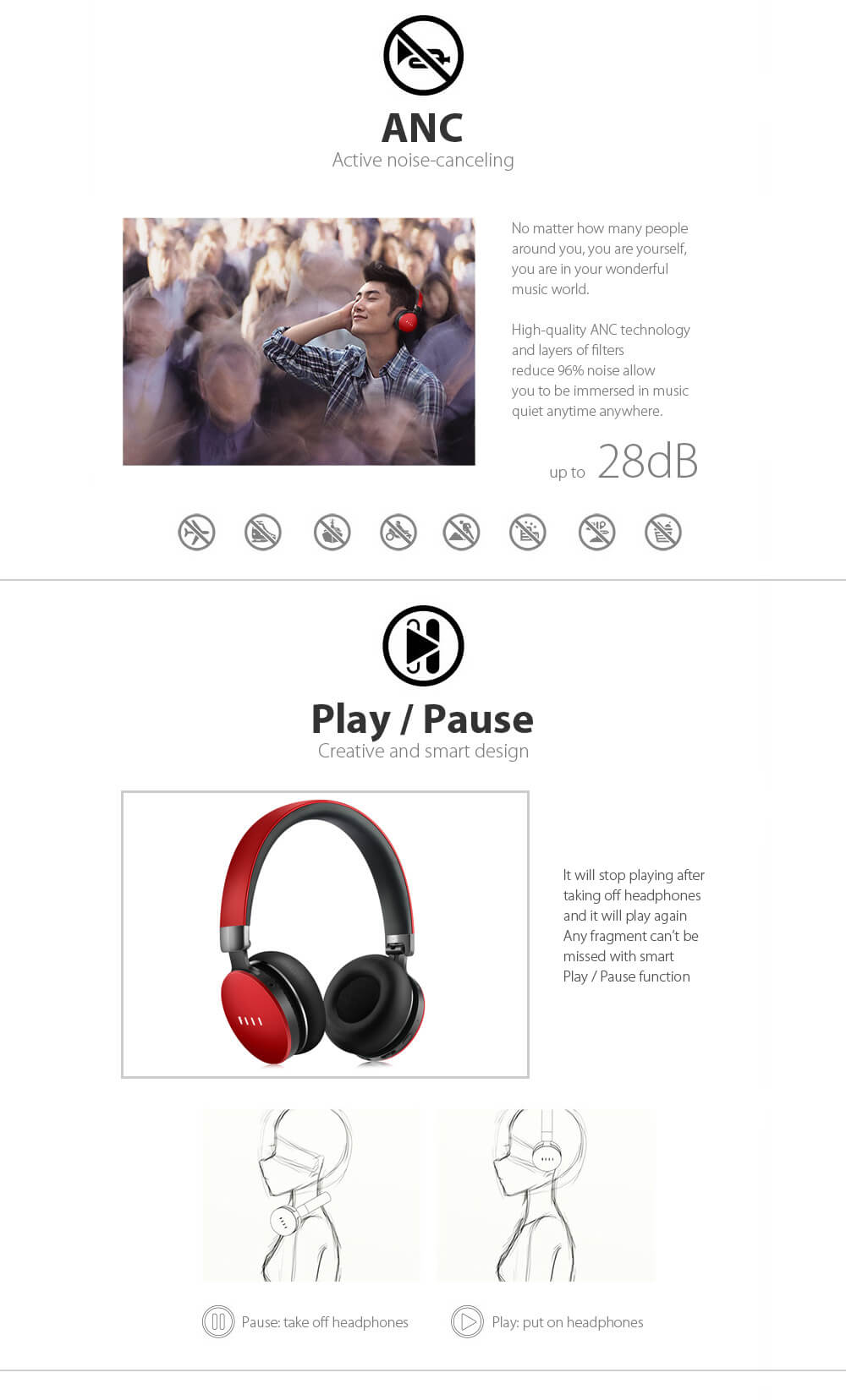 FIIL DIVA Pro Wireless Headphones Bluetooth 4.1 HiFi Music Active Noise Cancelling - Red