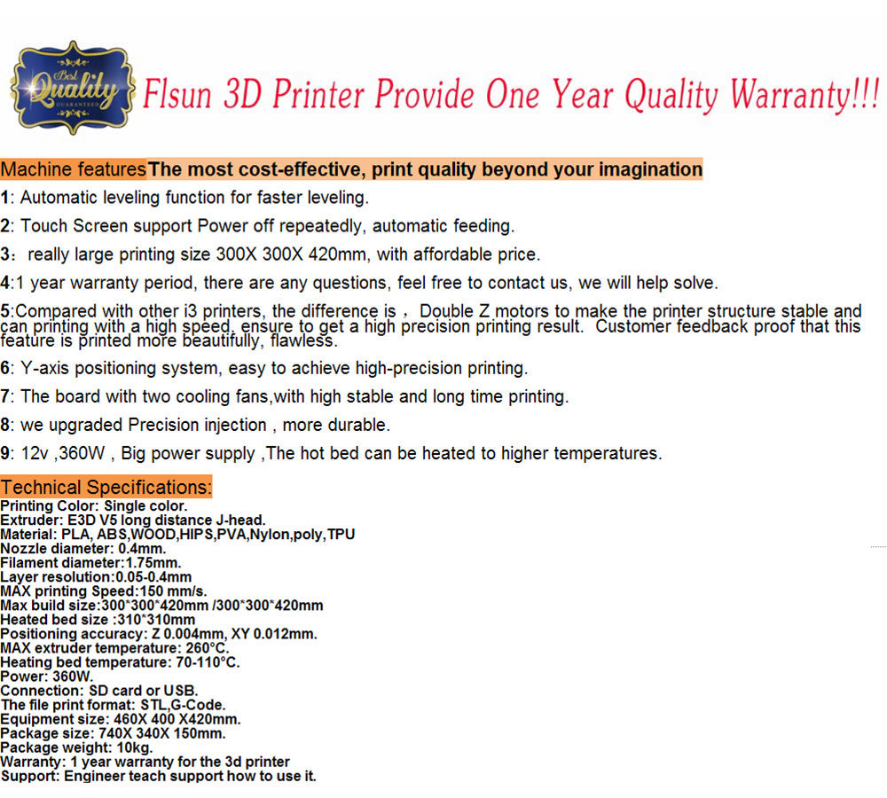 FLSUN 3D Printer i3 Plus Touch Screen Auto Leveling RepRap 3D Printing Size 300X300X420