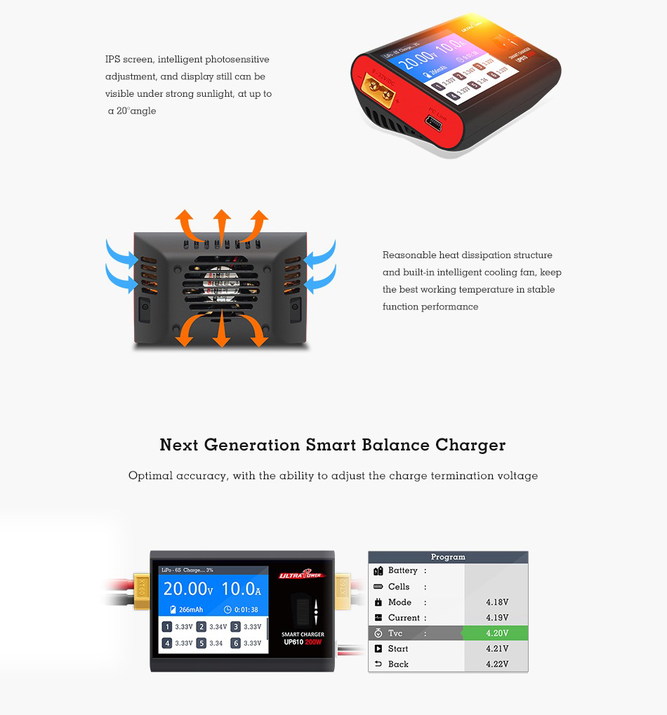 Ultra Power UP610 200W 10A DC Pocket Smart Balance Charger Discharger with IPS LCD Screen for 1-6S Li-po Battery