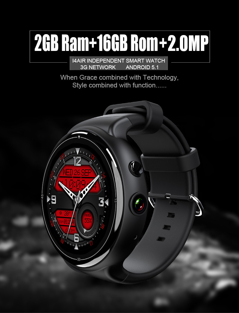 Makibes I4 Air 3G MTK6580 Smartwatch Phone Quad Core 1.3GHz 2GB RAM 16GB ROM 2.0MP Camera Heart Rate Monitor - Black