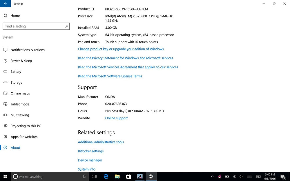 Onda oBook 20 Plus 2 in 1 Tablet PC 10.1 inch Dual OS 4GB/64GB Intel Cherry Trail Z8350 Quad Core 1.84GHz IPS 1920*1200 Windows 10 + Android 5.1- Gray