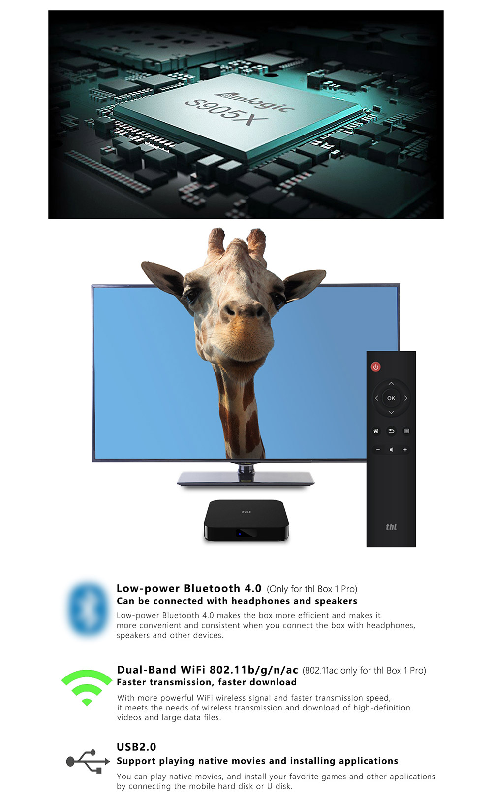 THL Box1 Pro 4K TV Box Amlogic S905X 1GB/8GB KODI Wifi AC Airplay HDMI Bluetooth4.0 Media Player