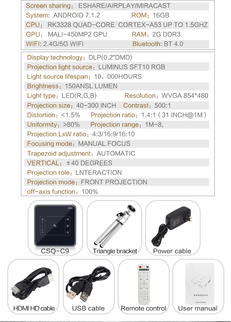 C9 DLP RK3328 Mini Pocket Projector 4K Android 2G/16G 2.4G/5G WiFi Bluetooth Eshare/Airplay/MiraCast - Black