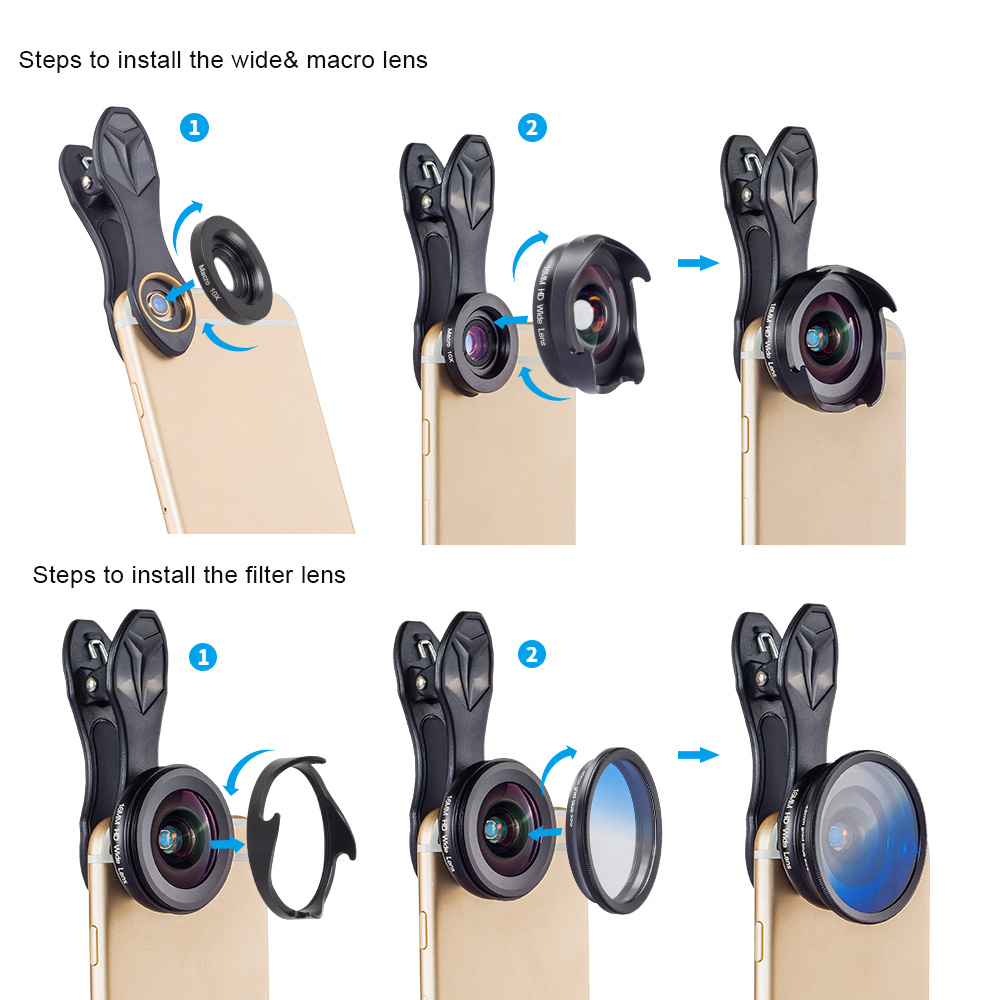 Apexel APL-16MM Optic Professional Wide-angle Macro & Star Filter Phone Camera Lens - Black