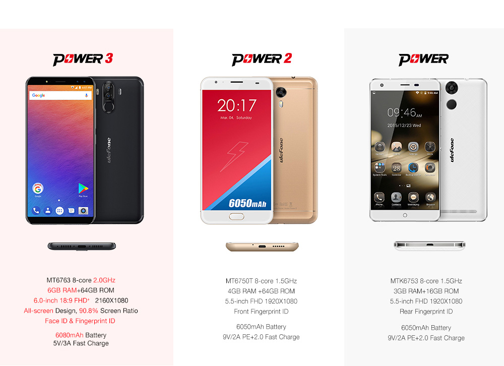 [HK Stock]Ulefone Power 3 6.0 Inch 4G LTE Smartphone 18:9 FHD Screen MT6763 Octa Core 2.0GHz 6GB 64GB Four Cameras Android 7.0 6080mAh Large Battery Fast Charge Face ID - Gold