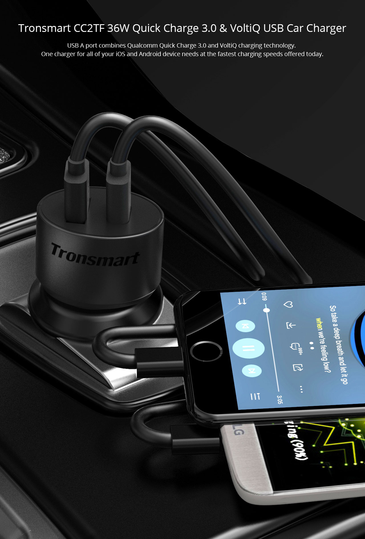 Tronsmart Quick Charge 3.0 36W 2 Ports Type A USB Car Charger for Quick Charge 3.0 and 2.0 Compatible Device