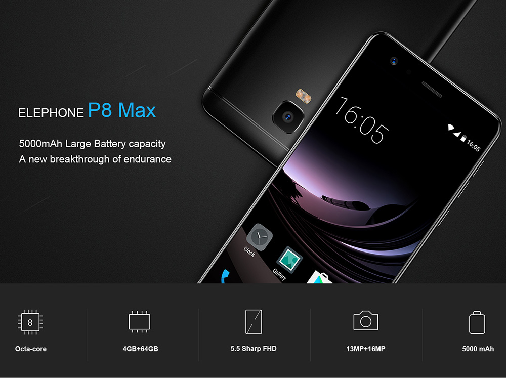 [HK Stock]Elephone P8 Max 5.5 Inch  4G LTE Smartphone FHD Screen 4GB RAM 64GB ROM 13.0MP+16.0MP Cam Octa Core Android 7.0 Touch ID Metal Body 5000mAh - Black