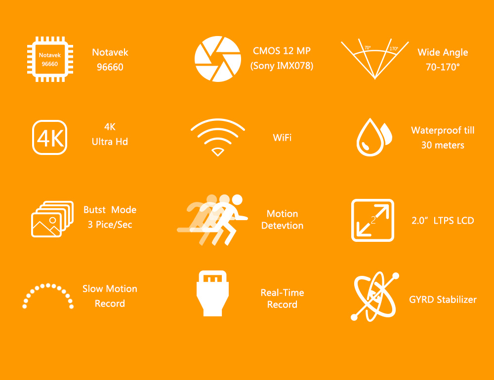 N5B NTK96660 Sony IMX179 2.0 Inches TFT LCD Action Camera 4K 170 Degrees Wide Angle Fish Eye WiFi Dual Lens Waterproof Sports Camera - Silver