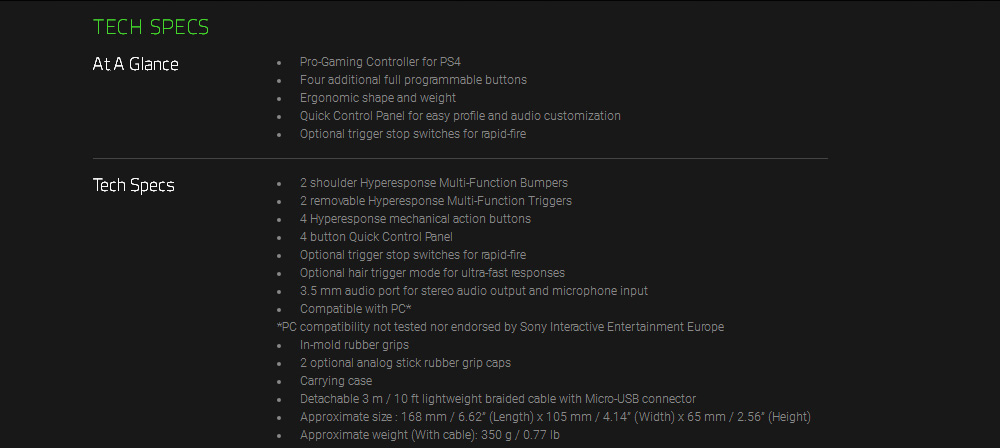 Razer Raiju Original Playstation 4 Wired Gaming Controller with Four Programmable Buttons 3.5mm Audio Port - Black