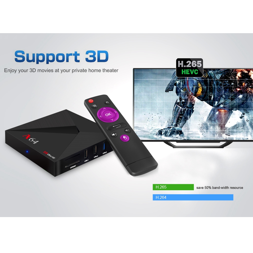 A64 KODI 18.0 Android 7.1.2 4GB/64GB RK3328 4K HDR TV Box 802.11AC WIFI Bluetooth 1000M LAN VP9 USB3.0 - Black