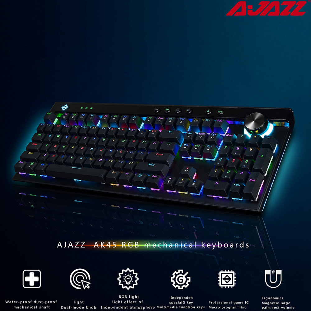 Ajazz AK45 RGB Wired Mechanical Gaming Keyboard Box Brown Switches With Dual-mode knob Wrist Rest 111 Keys - Black