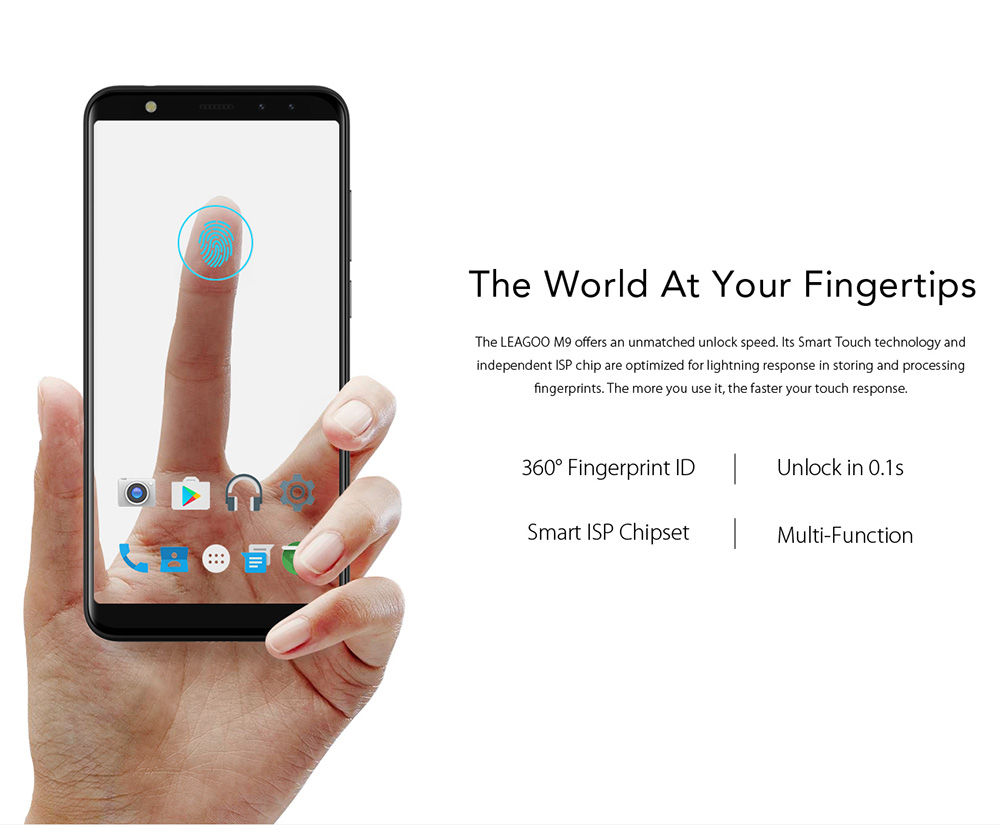 [HK Stock]Leagoo M9 5.5 Inch Smartphone 18:9 HD Screen Four Cameras 2GB 16GB MTK6580 Quad Core Android 7.0 Touch ID Super Slim Curved Body - Blac