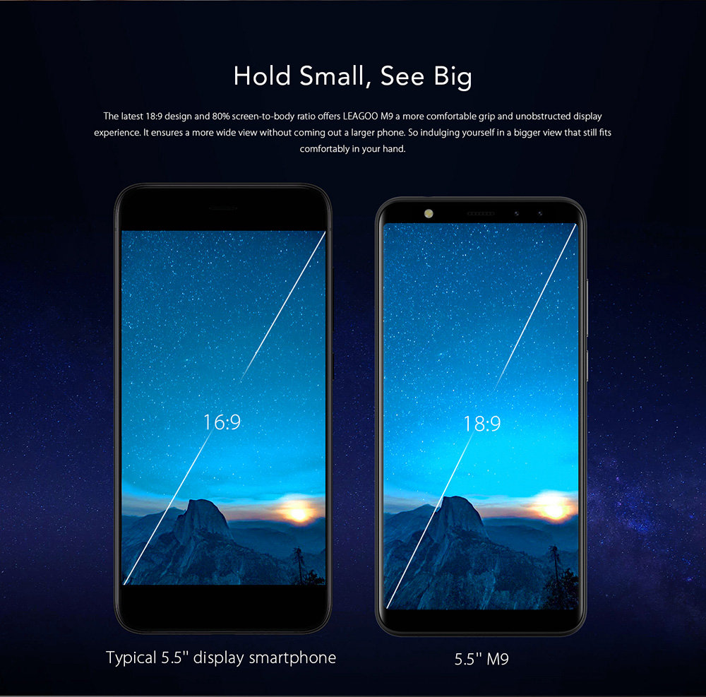 [HK Stock]Leagoo M9 5.5 Inch Smartphone 18:9 HD Screen Four Cameras 2GB 16GB MTK6580 Quad Core Android 7.0 Touch ID Super Slim Curved Body - Blac