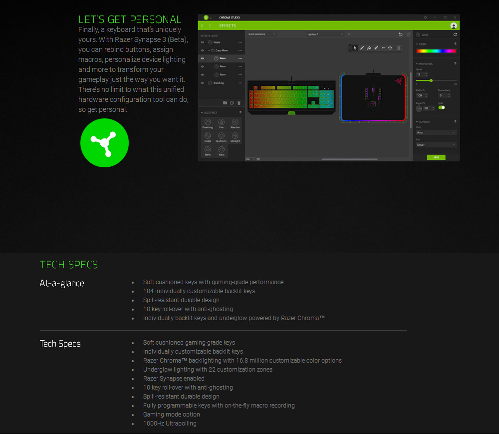 [HK Stock] Razer Cynosa Chroma Multi-color RGB Wired Gaming Keyboard Individual Backlit Keys Spill-resistant Durable Design - Black