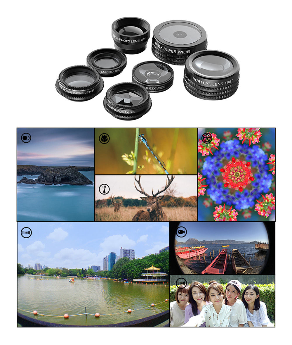 Apexel APL-DG7 7 in 1 Wide Angle + Macro Lens Clip External Phones Camera Lens Kit - Black