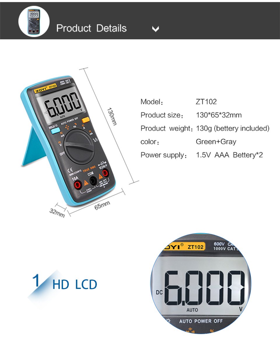 ZOYI ZT102 Digital Multimeter Auto Range True-RMS with Capacity Measurement/Temperature Test