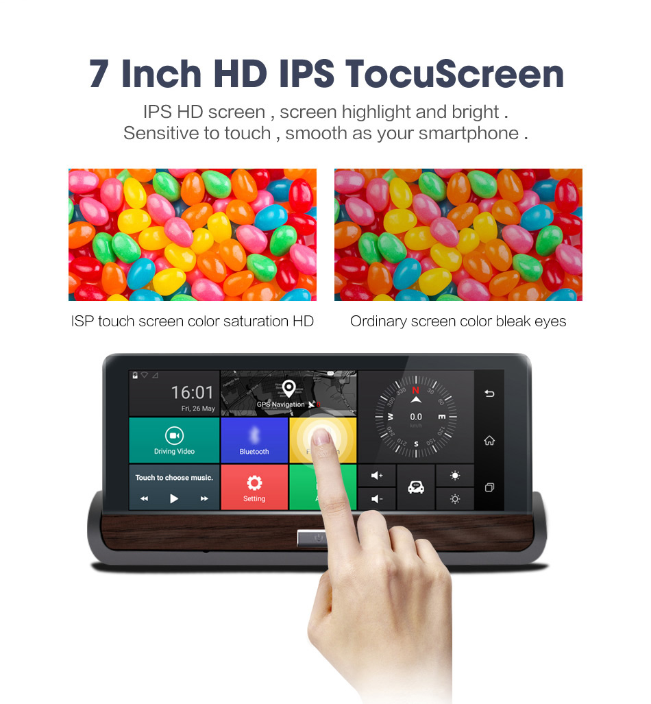 V40 MTK6582 7 Inch 3G Dash Camera FHD 1080P WiFi Android 5.0 GPS Rear-mirror DVR 140 Degree FOV Dual Lens - Black