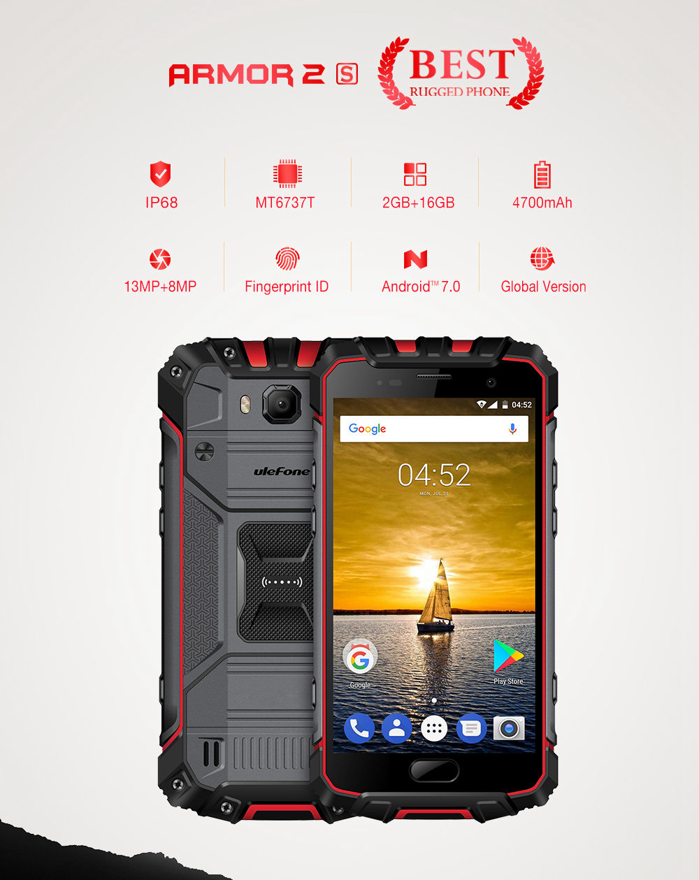 [HK Stock]Ulefone Armor 2S 5.0 Inch IP68 Waterproof 4G LTE Smartphone FHD Screen 2GB 16GB MT6737T Quad Core 13.0MP Camera Android 7.0 Touch ID NFC Fast Charge - Gold