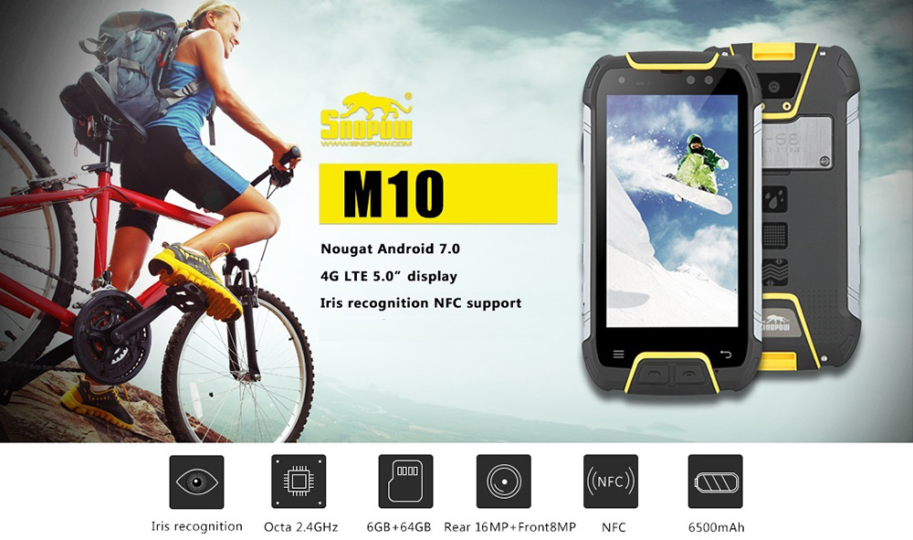 SNOPOW M10 5.0 Inch 4G LTE Smartphone IP68 Waterproof FHD 6GB 64GB MTK6757 Octa Core 16.0MP Camera Android 7.0 6500mAh Large Battery Fast Charge NFC- Yellow