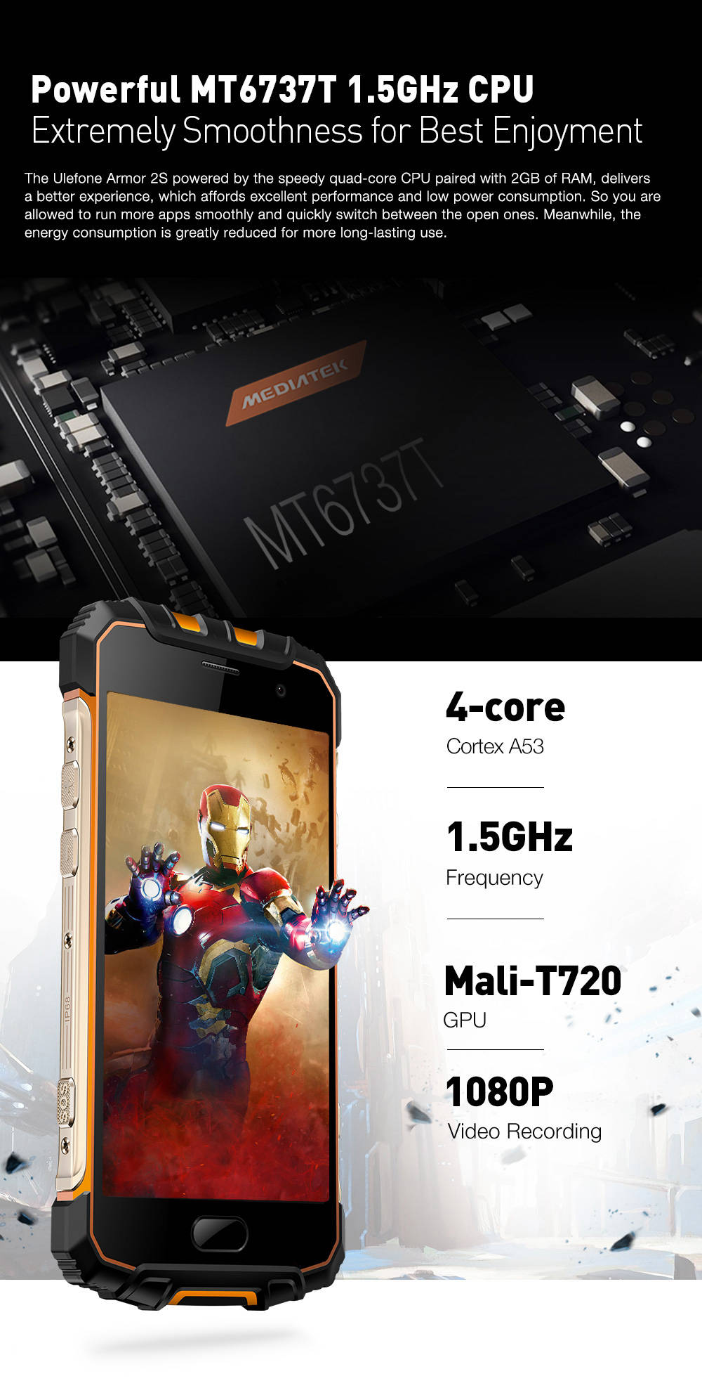 [HK Stock]Ulefone Armor 2S 5.0 Inch IP68 Waterproof 4G LTE Smartphone FHD Screen 2GB 16GB MT6737T Quad Core 13.0MP Camera Android 7.0 Touch ID NFC Fast Charge - Gold