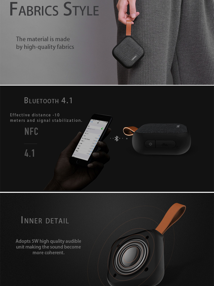 Remax RB-M15 Fabric Bluetooth Speaker HD/HiFi/NFC/TF 5W Bass Loudspeaker 3D Surround - Black
