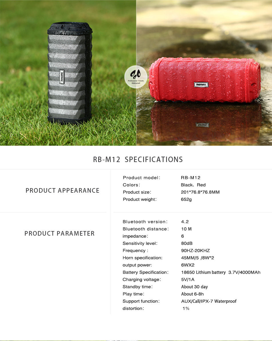 REMAX RB-M12 Bluetooth Speaker with Mic IPX7 Water Resistance 4000mAh - Black