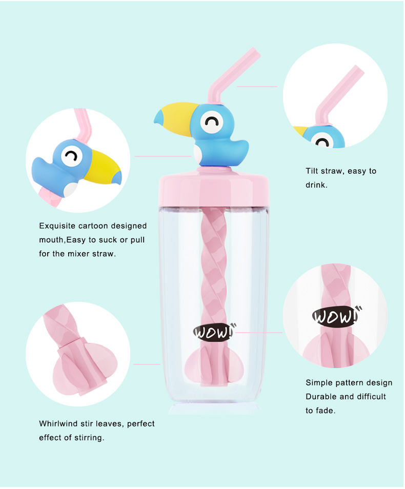 Big Mouse Straw Stirring Tumbler 400ML Cup Cute Design Mixer Drinking Tumbler Water Bottle -Black