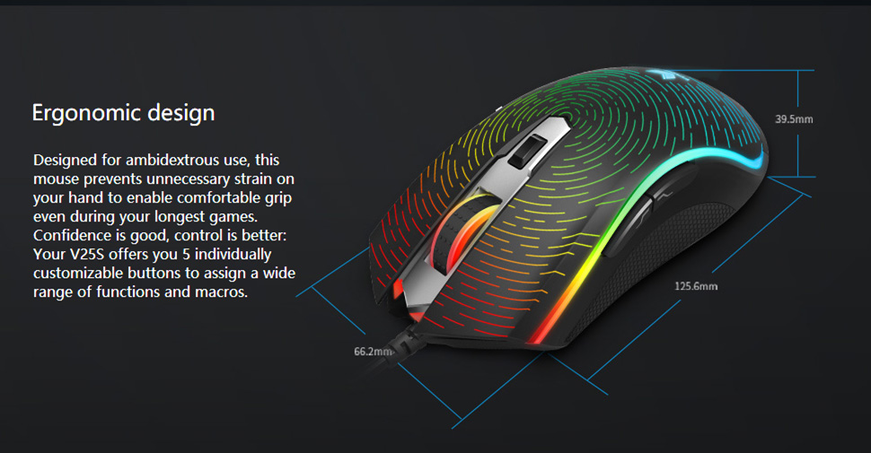 Rapoo V25S Wired Gaming Mouse LED Multi-color Backlight Accurate Navigation With Sided Buttons - Black