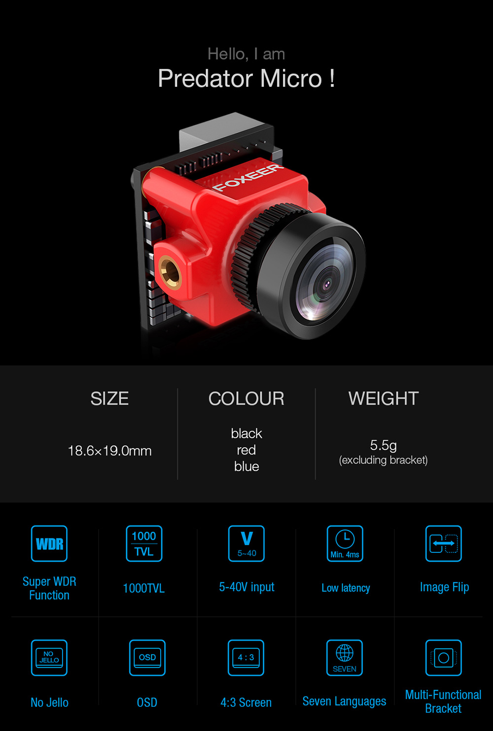 Foxeer Predator Micro FPV Camera PAL Blue