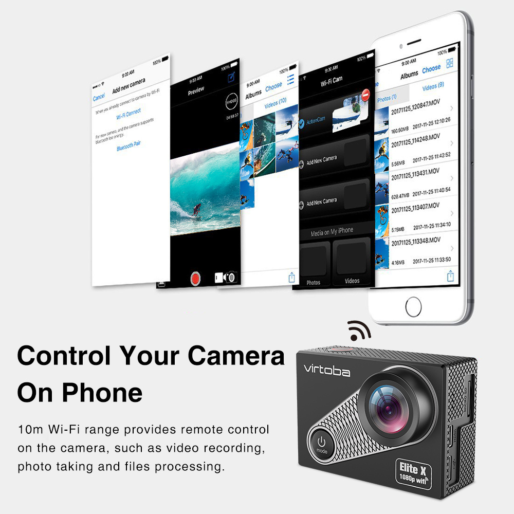 Virtoba Elite X iCatch SPCA6330M GC4603 2.0 Inch LCD Action Camera WiFi 1080P 30FPS 170 Degree Wide Angle Waterproof - Black