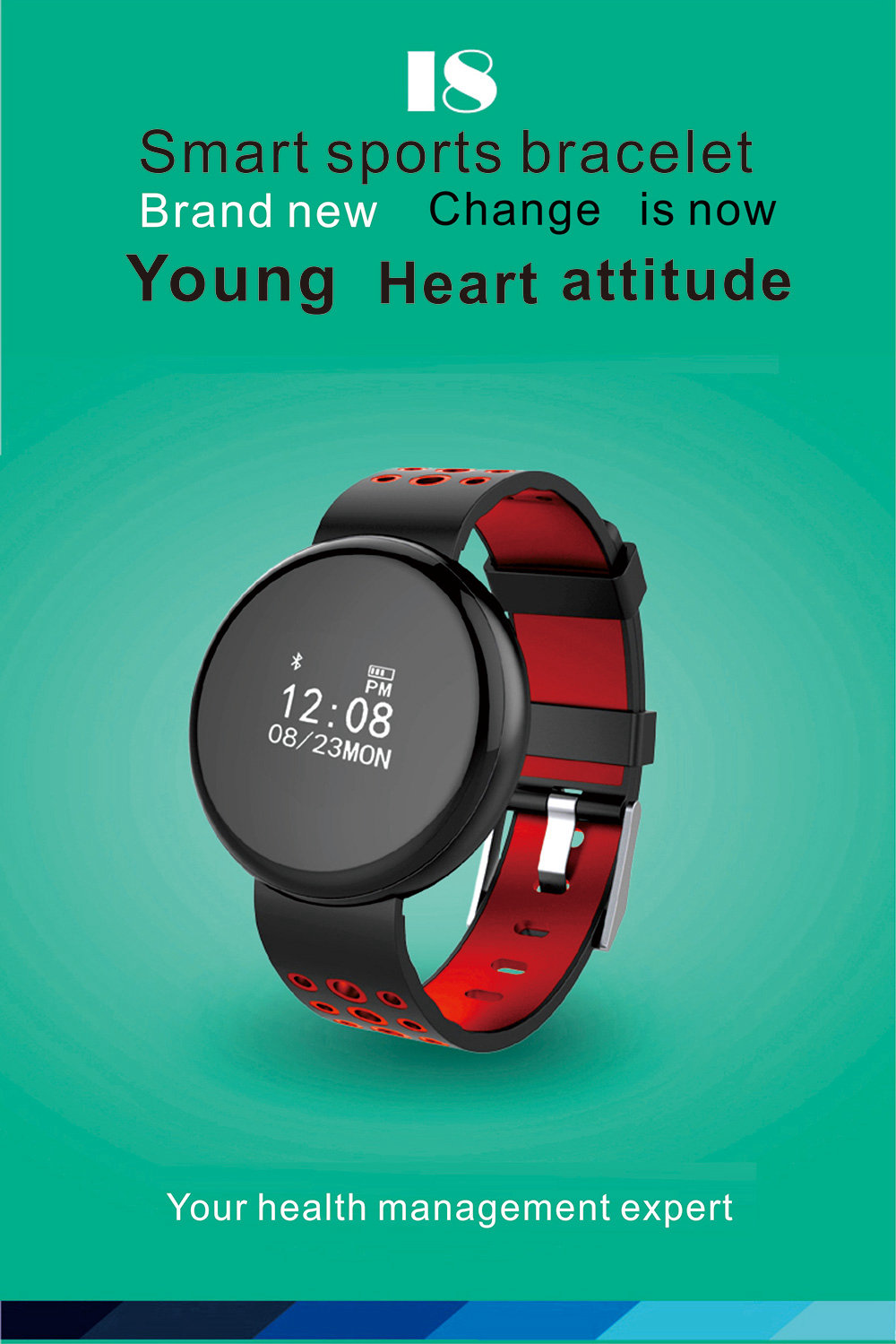 LYNWO I8 Smart Bracelet NRF52832 Chip Blood Oxygen Blood Pressure Monitor IP67 Water Resistant Compatible With Android IOS - Red