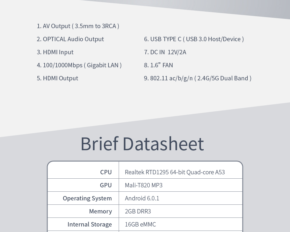 MELE H11 Realtek RTD1295 2GB/16GB 4K 3D Blu-ray Android Media Player 802.11ac WiFi Gigabit LAN Bluetooth SATA HDD Type-C USB3.0 HDMI - Black