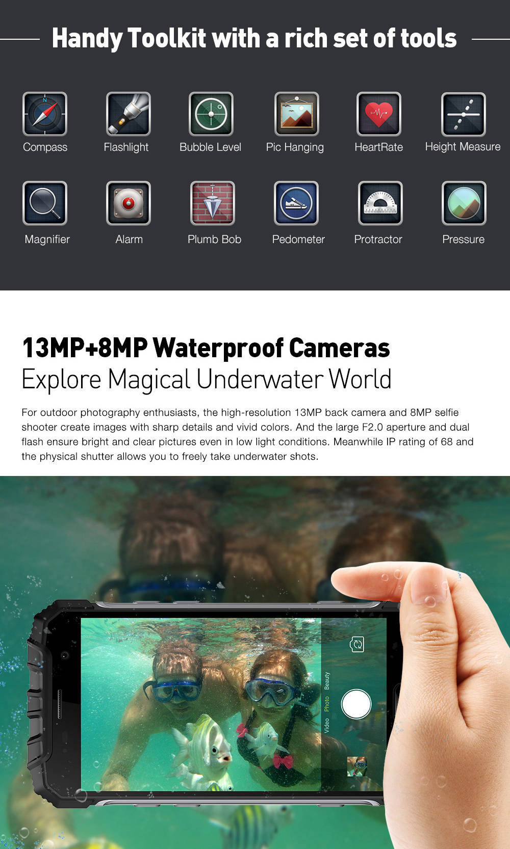 [HK Stock]Ulefone Armor 2S 5.0 Inch IP68 Waterproof 4G LTE Smartphone FHD Screen 2GB 16GB MT6737T Quad Core 13.0MP Camera Android 7.0 Touch ID NFC Fast Charge - Gold