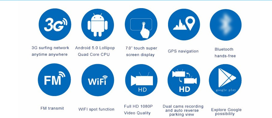 V200 MTK6582 7 Inch 3G Dash Camera FHD 1080P WiFi Android 5.0 GPS Rear-mirror Camera 140 Degree FOV With Dual Lens - Silver