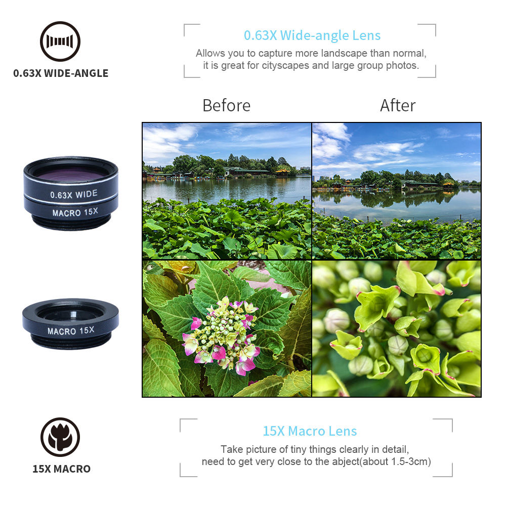 Apexel APL-DG7 7 in 1 Wide Angle + Macro Lens Clip External Phones Camera Lens Kit - Black