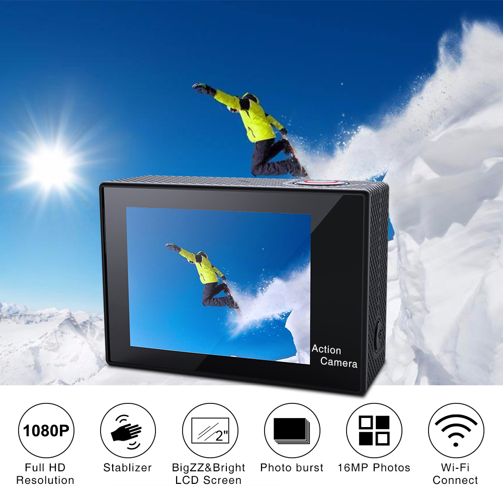 Virtoba Elite X iCatch SPCA6330M GC4603 2.0 Inch LCD Action Camera WiFi 1080P 30FPS 170 Degree Wide Angle Waterproof - Black