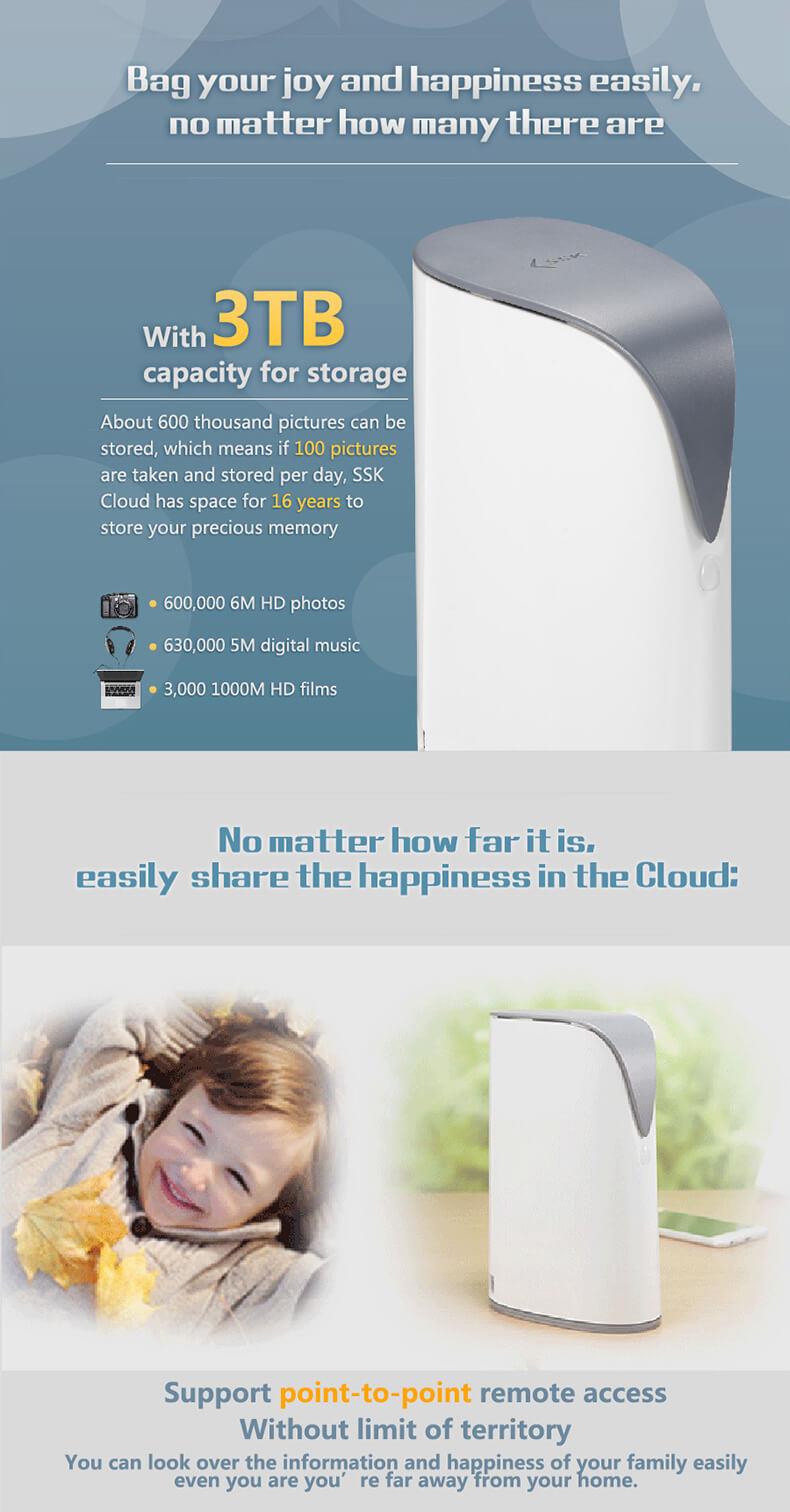 SSK SSM-F100 3TB Smart WIFI Home Cloud External Storage Hard Drive -US Plug