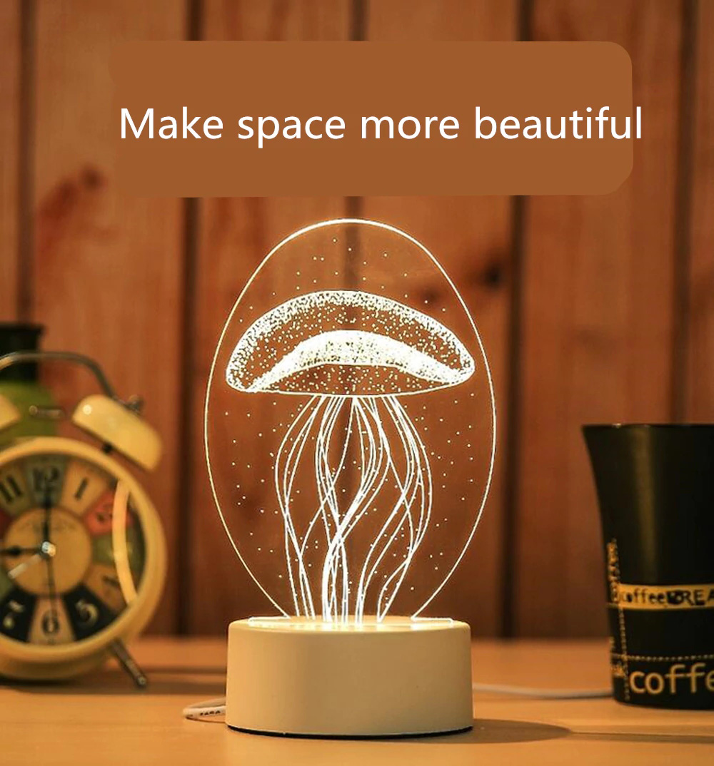 3D Jellyfish Creative LED Night Light USB Charge Touch Acrylic Desk Lamp -White