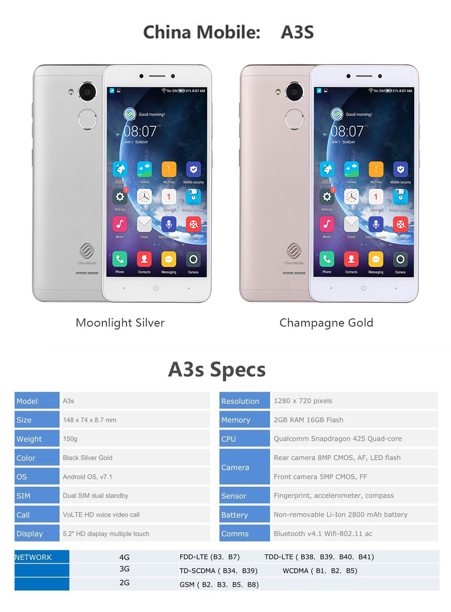 [HK Stock]China Mobile A3s 5.2 Inch 4G LTE Smartphone 2GB RAM 16GB ROM Snapdragon 425 Quad Core Touch ID VoLTE - Silver