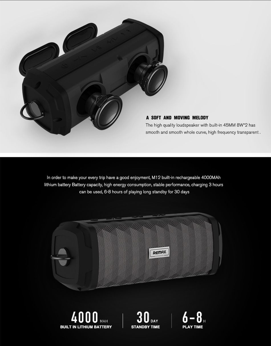 REMAX RB-M12 Bluetooth Speaker with Mic IPX7 Water Resistance 4000mAh - Black