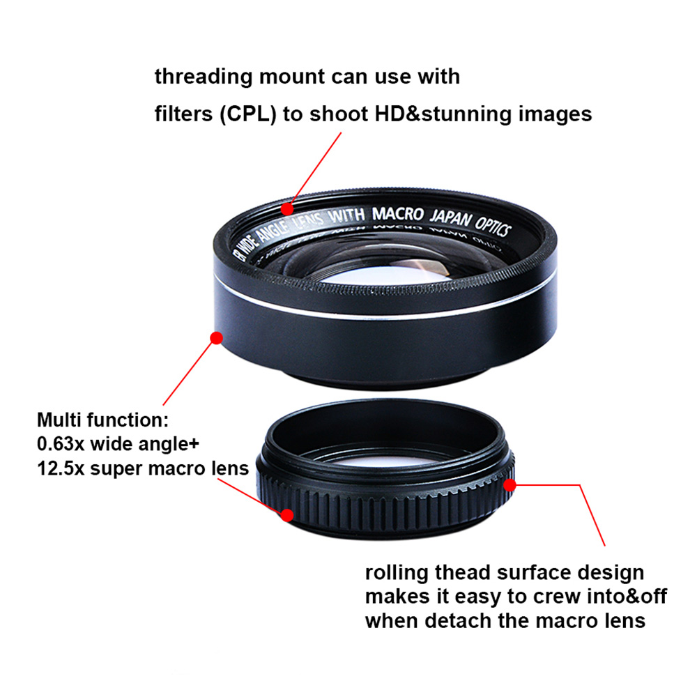 Apexel APL-0.63WM 0.63X Wide Angle + Macro Lens For Mobile Phones Tablet PCs