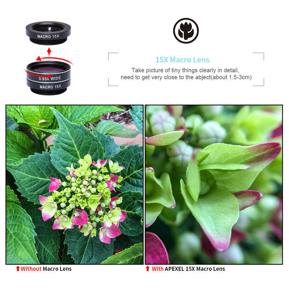 Apexel APL-DG7 7 in 1 Wide Angle + Macro Lens Clip External Phones Camera Lens Kit - Black