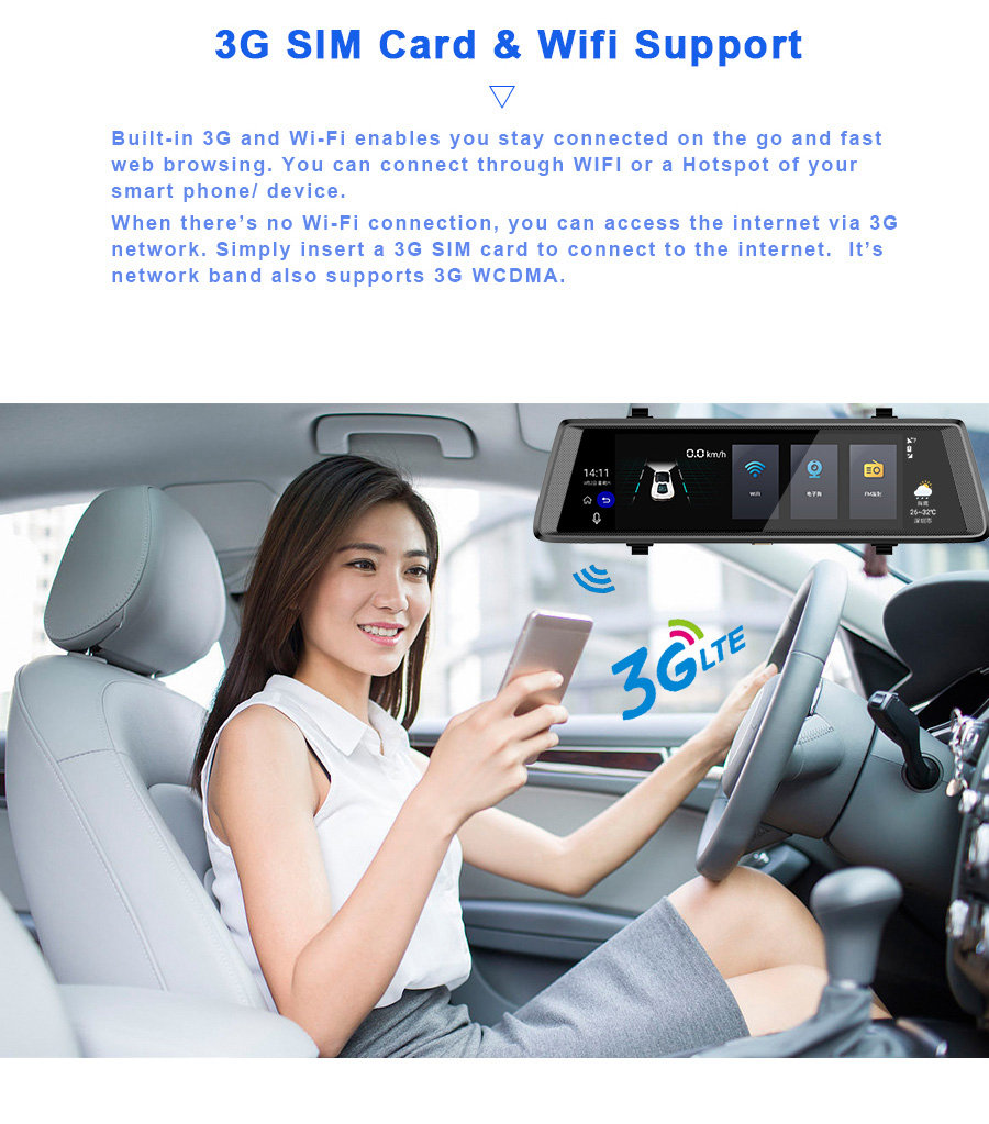 V6 MTK6582 10 Inch 3G Dash Camera Android 5.0 FHD 1080P WiFi Dual Lens GPS 160 Degree Wide Angle - Black